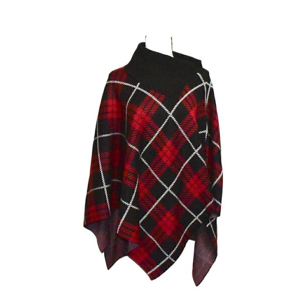 Anne Klein Poncho Pullover Red And Black Plaid Sweater Cape Shawl Size L - Picture 1 of 13